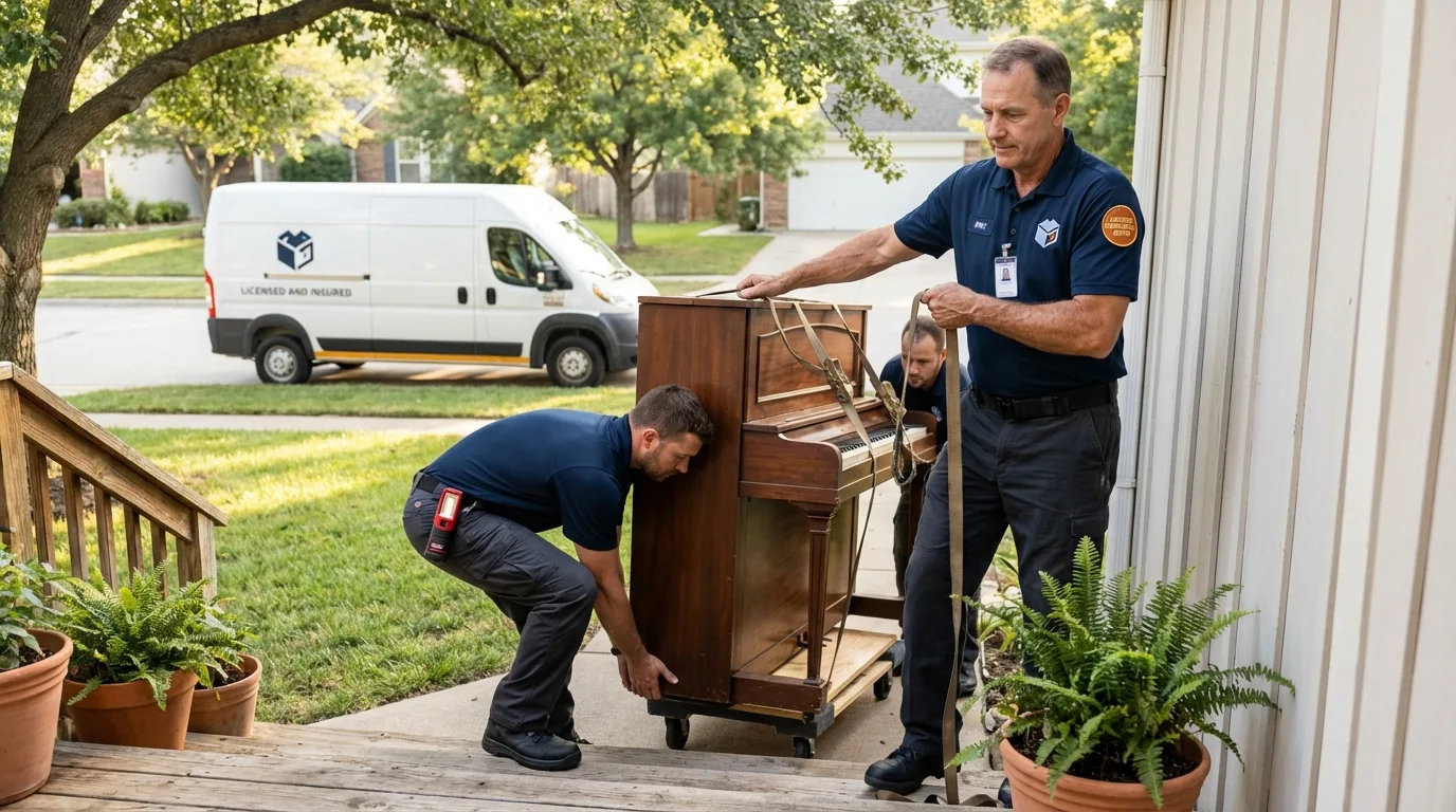 Licensed piano movers securing grand piano in Crest Hill, IL