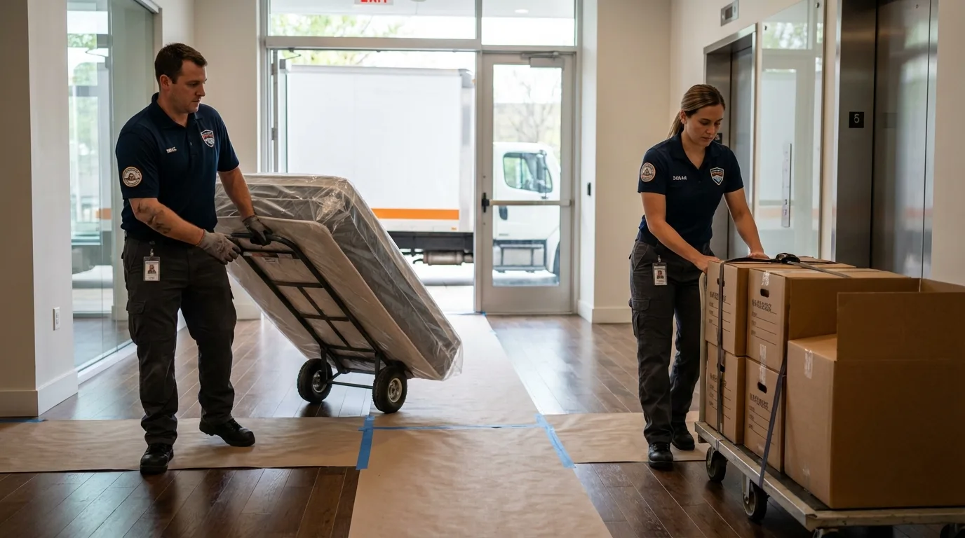 Professional apartment movers loading elevator in Crest Hill, IL